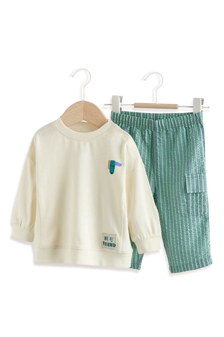 Pet Graphic Sweater & Stripe Pants Set, Main, color, GREEN