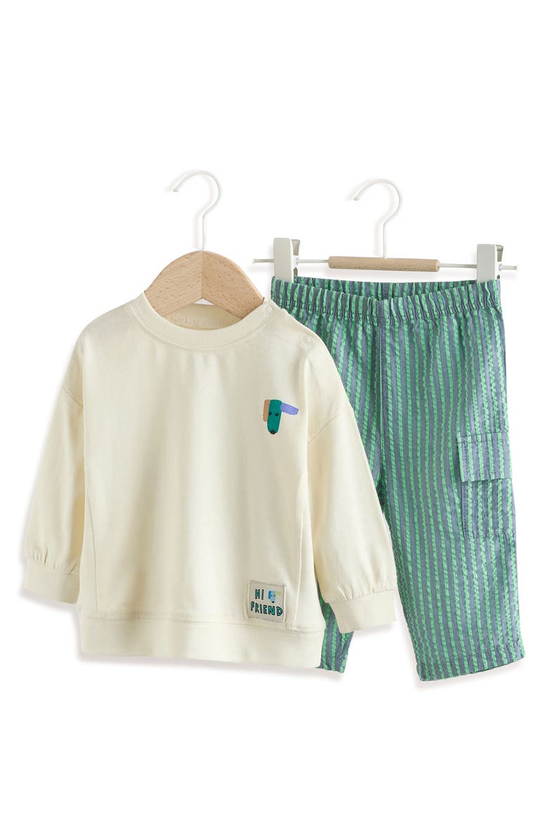NEXT Pet Graphic Sweater & Stripe Pants Set, Main, color, Green