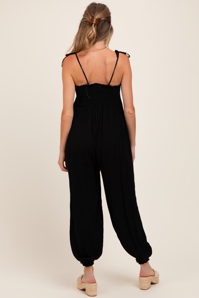 Smocked Button Front Shoulder Tie Jumpsuit, Alternate, color, Black