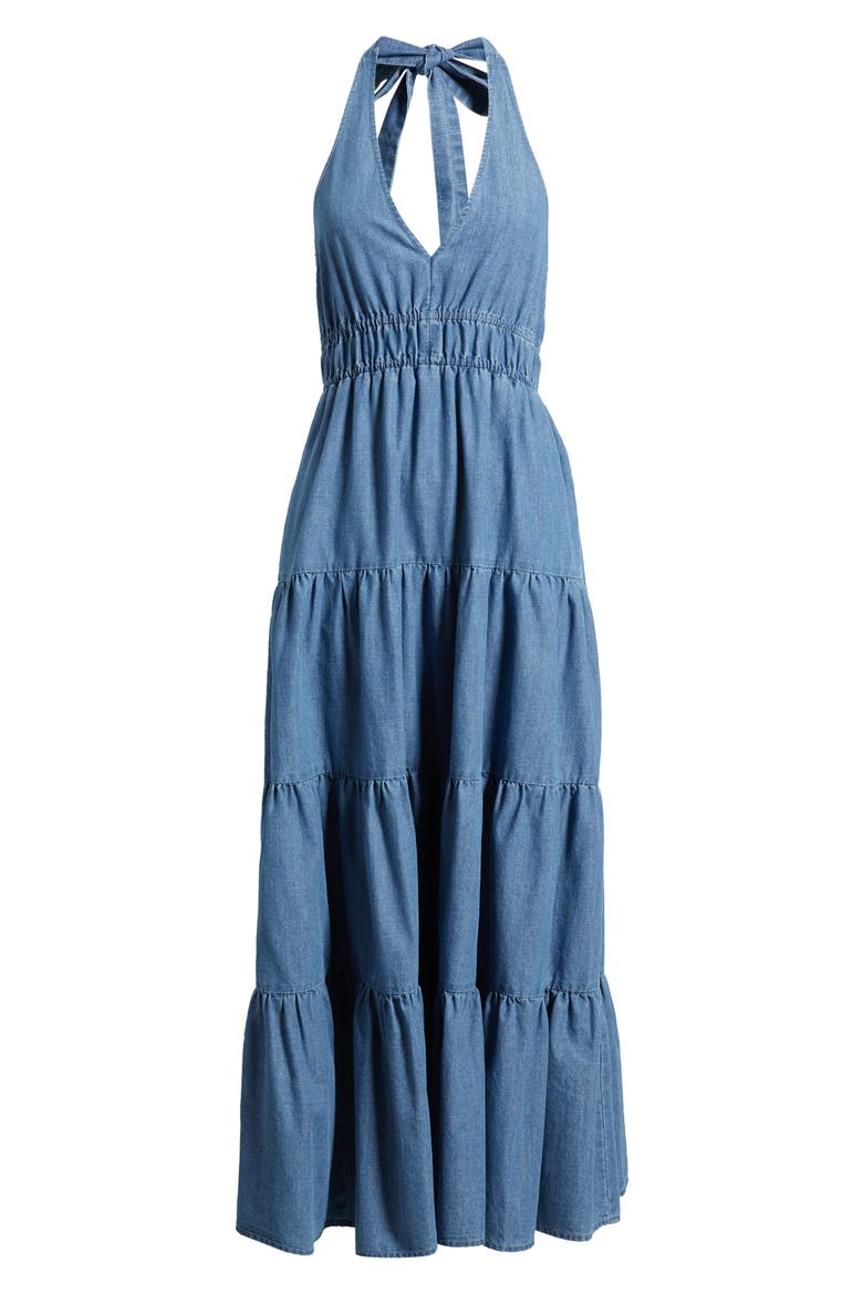 Tiered Denim Halter Midi Dress, Alternate, color, LIGHT DENIM
