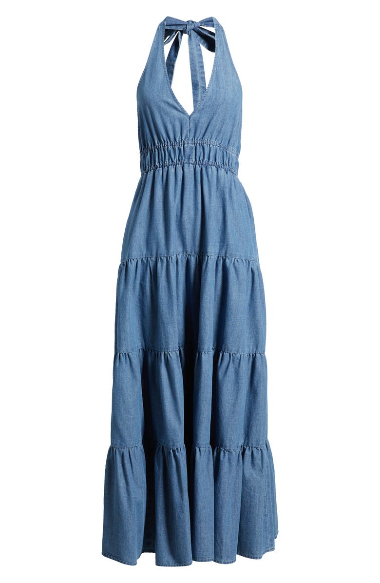 FREEMARKET Tiered Denim Halter Midi Dress, Alternate, color, Light Denim