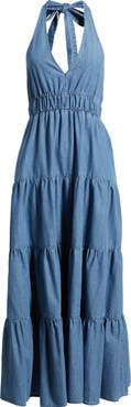 FREEMARKET Tiered Denim Halter Midi Dress