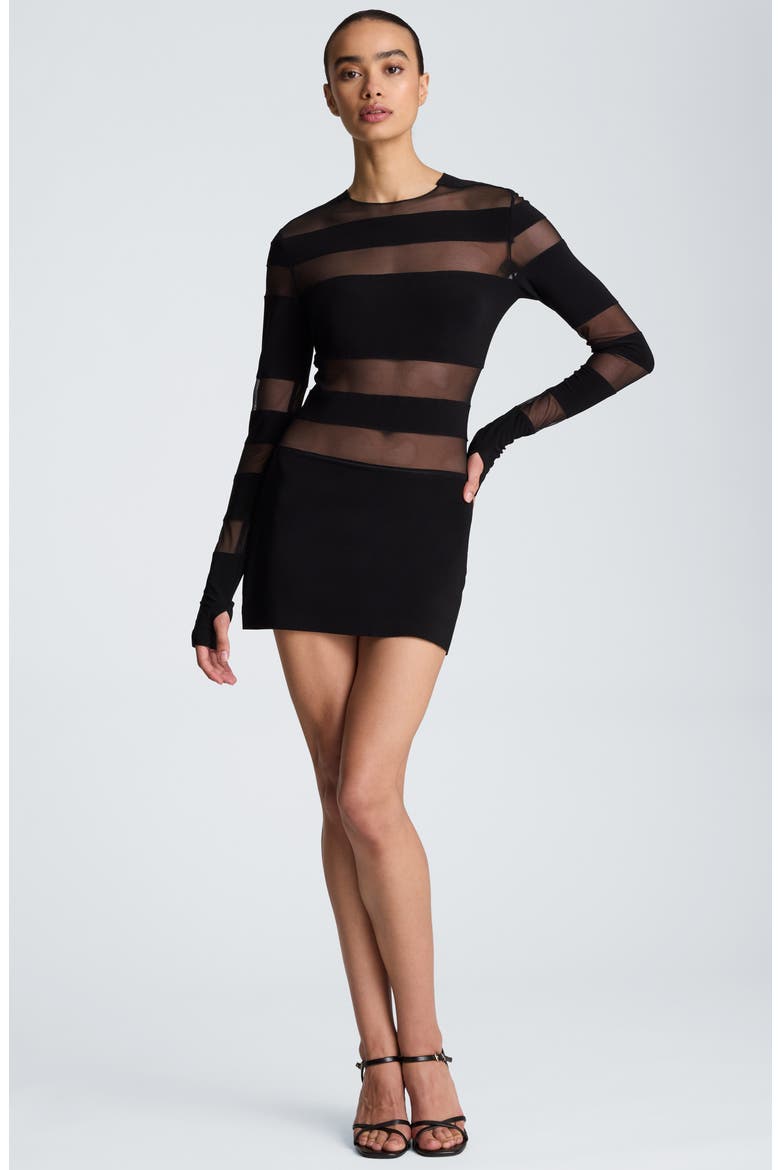 Long Sleeve Sheer Stripe Minidress, Alternate, color, BLACK