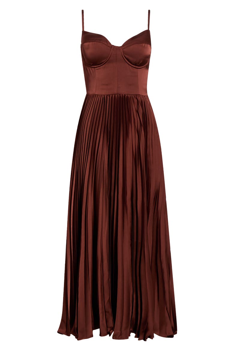 Elyssa Bustier Pleated Satin Dress, Alternate, color, RUST BROWN