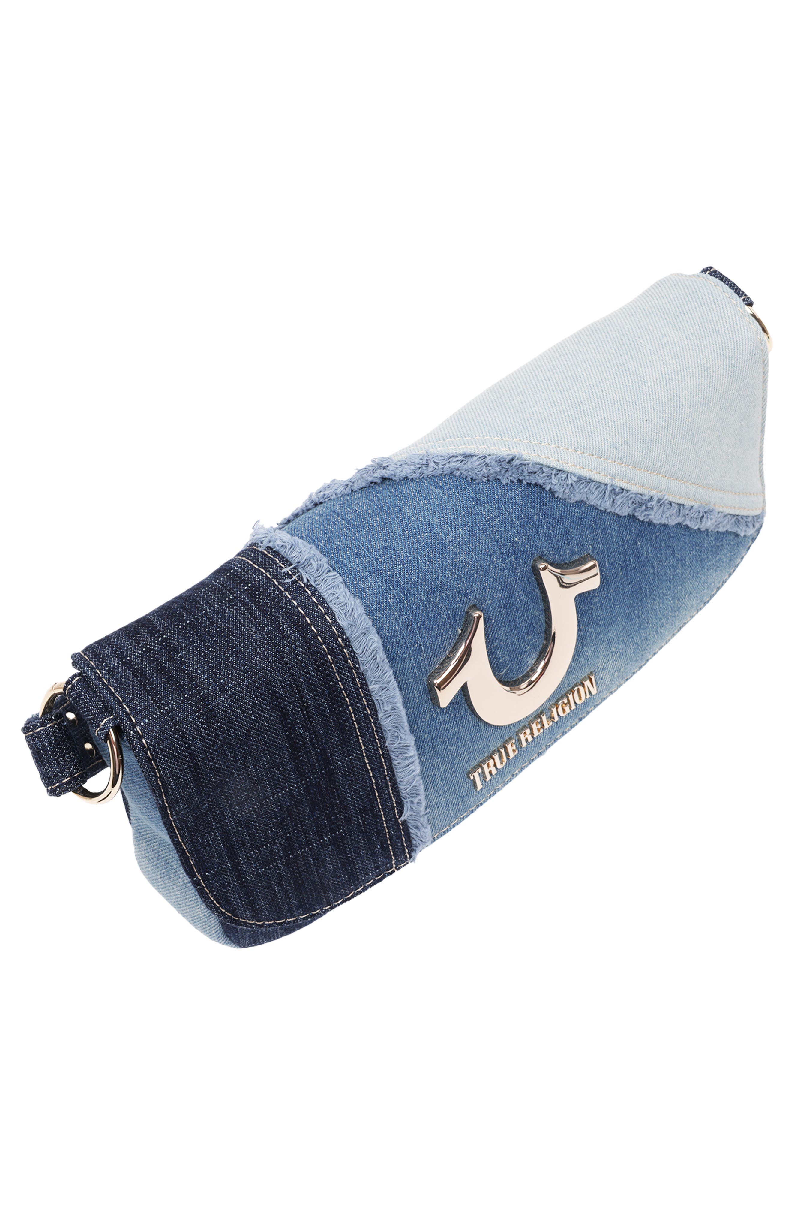 True Religion Frayed Denim Horseshoe Shoulder Bag, Alternate, color, Denim/ Blue