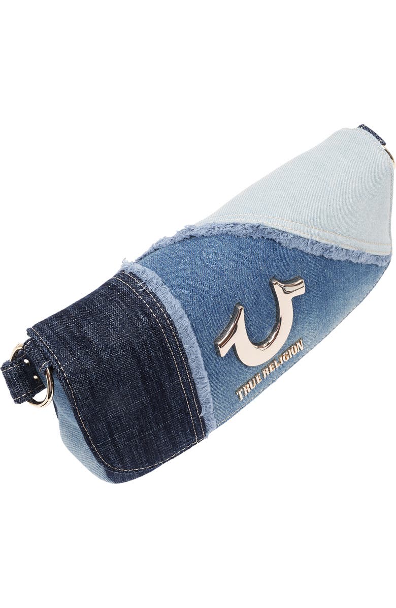 True Religion Frayed Denim Horseshoe Shoulder Bag, Alternate, color, Denim/ Blue