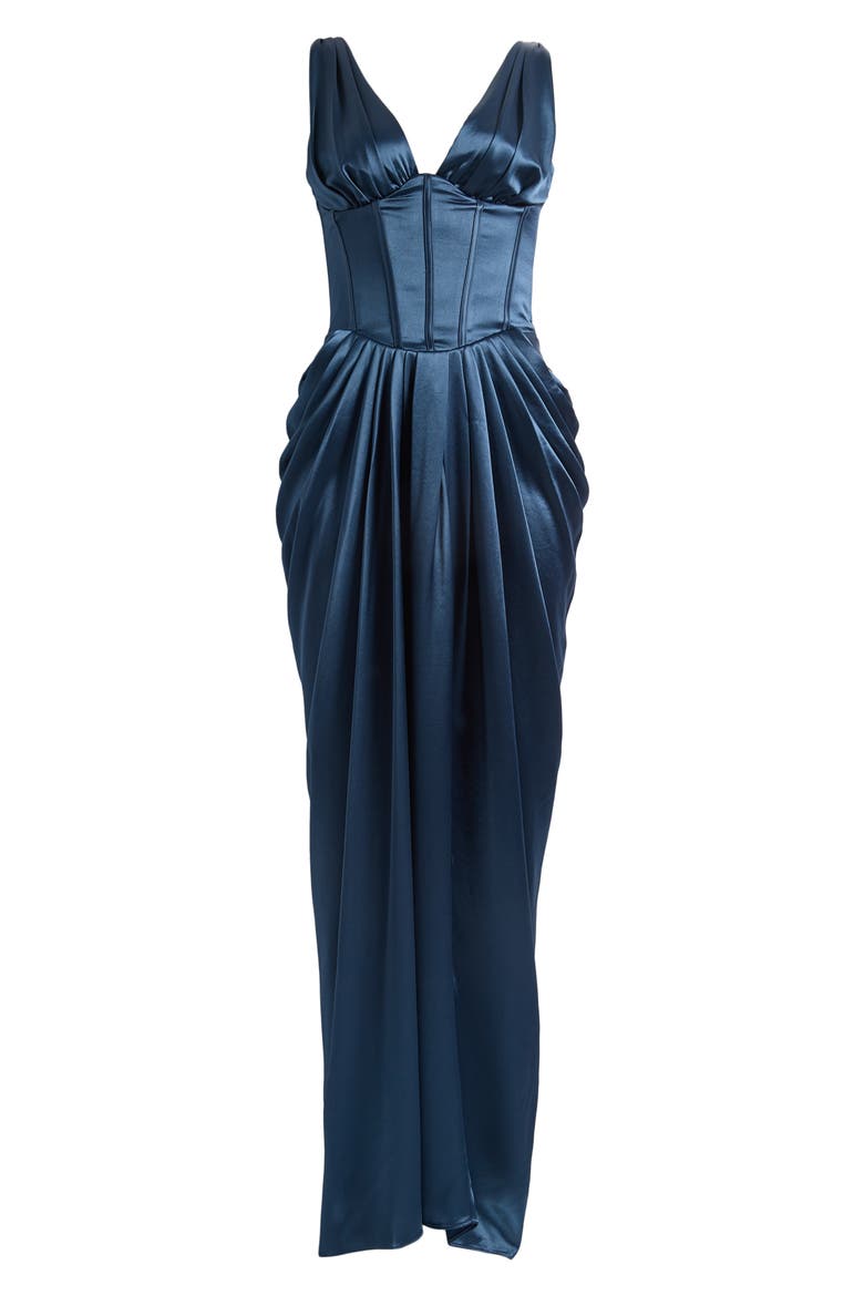 Angeline Sleeveless Satin Corset Gown, Alternate, color, NAVY
