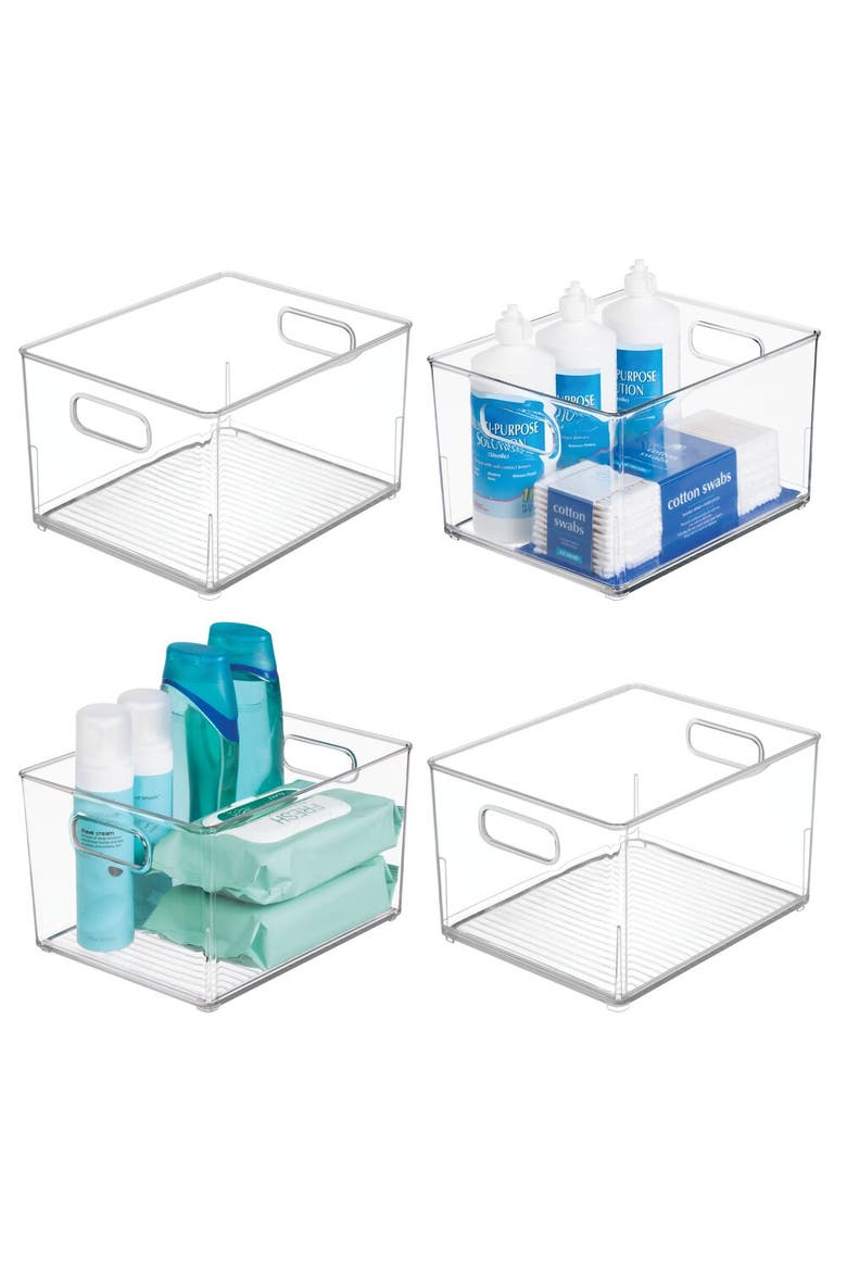 Small Stackable Plastic Bathroom Storage Bin with Handles - Set of 4 - Clear, Main, color, Clear