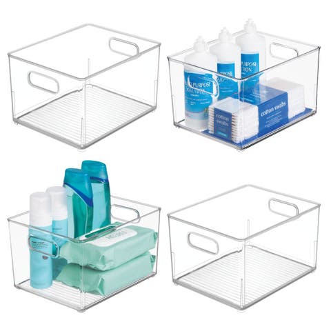 Small Stackable Plastic Bathroom Storage Bin with Handles - Set of 4 - Clear