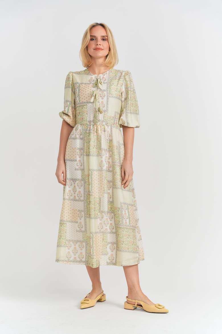 Floral Print Woven Round Neckline and Puff Sleeves Dress, Alternate, color, Beige