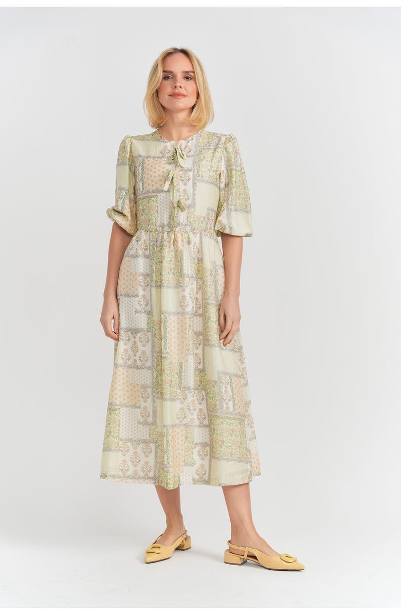 Noni Floral Print Woven Round Neckline and Puff Sleeves Dress, Alternate, color, Beige
