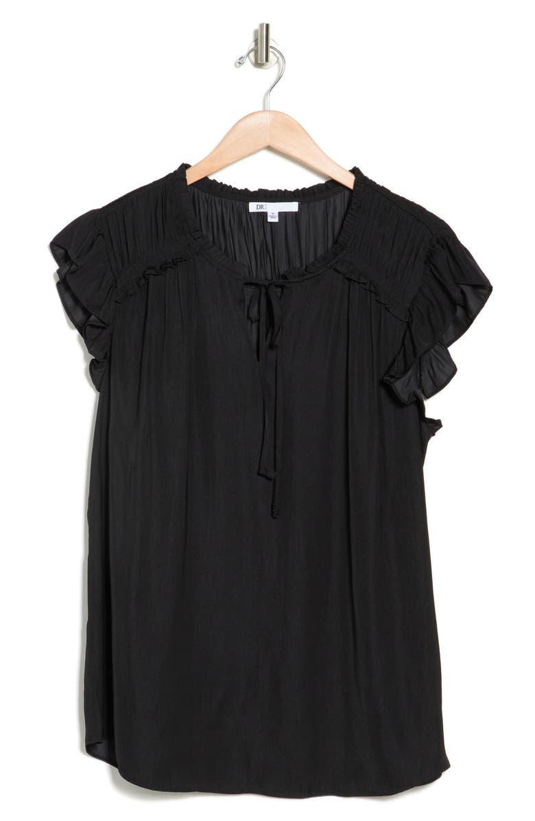 DR2 by Daniel Rainn Satin Ruffle Split Neck Top, Alternate, color, Black