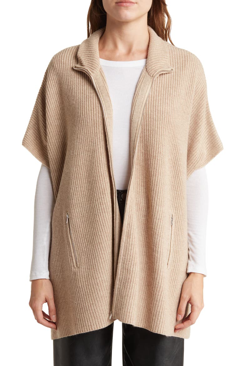 Cashmere Blend Zip Front Knit Cape, Main, color, CAMEL