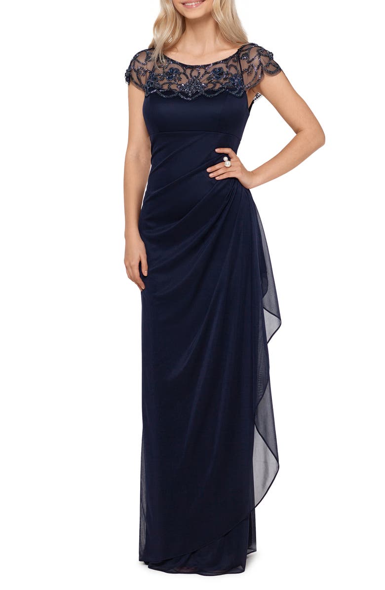 Xscape Evenings Xscape Ruched Beaded Short Sleeve Gown, Main, color,