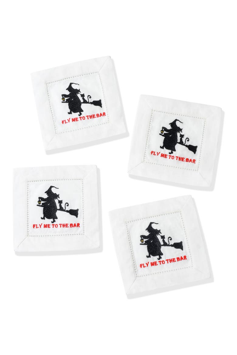 Fly Me To The Bar Embroidered Linen Cocktail Napkins, Main, color, BLACK/ RED