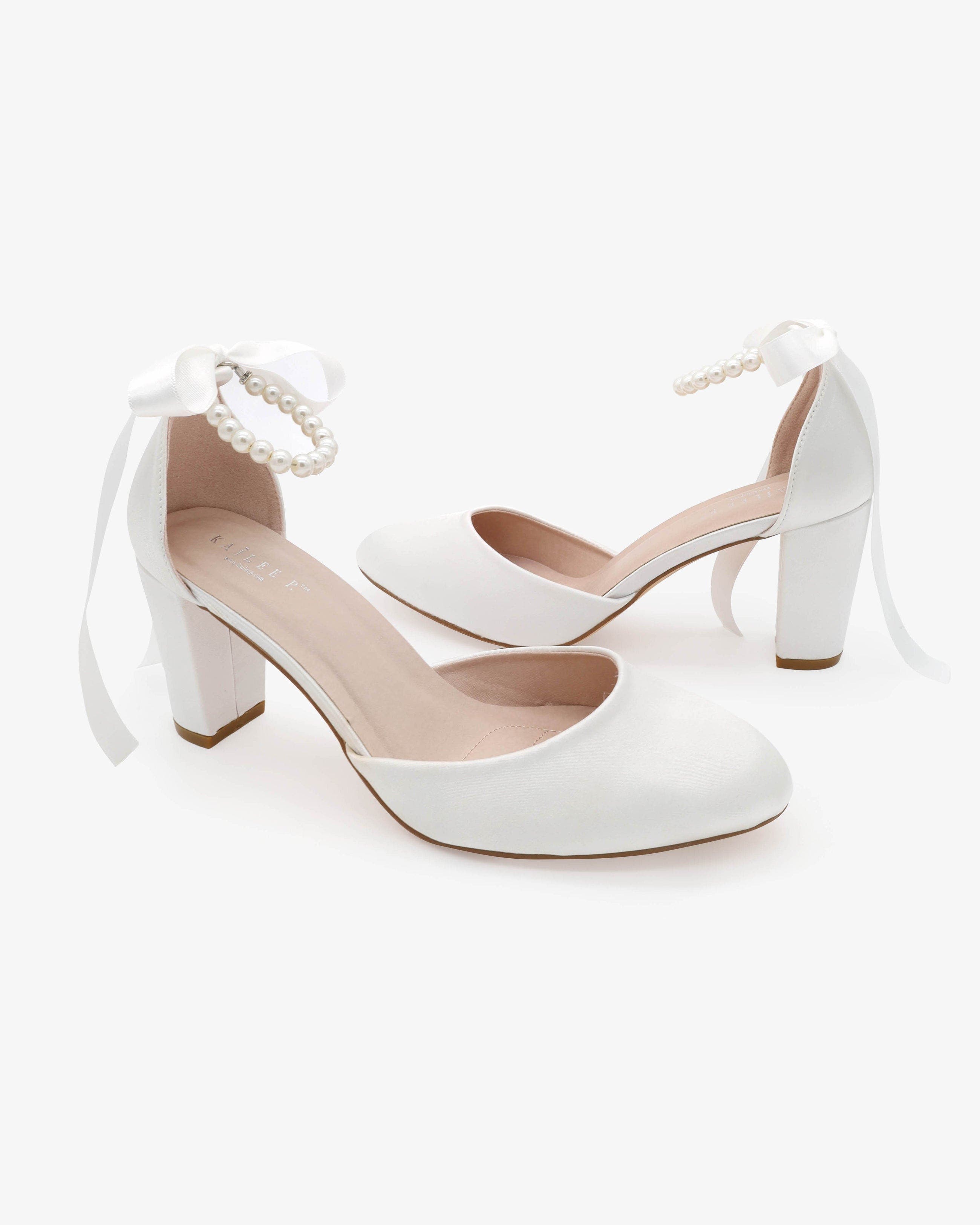 Kailee P Sarah Satin Wedding Block Heel with All Pearls Ankle Strap, Alternate, color, White