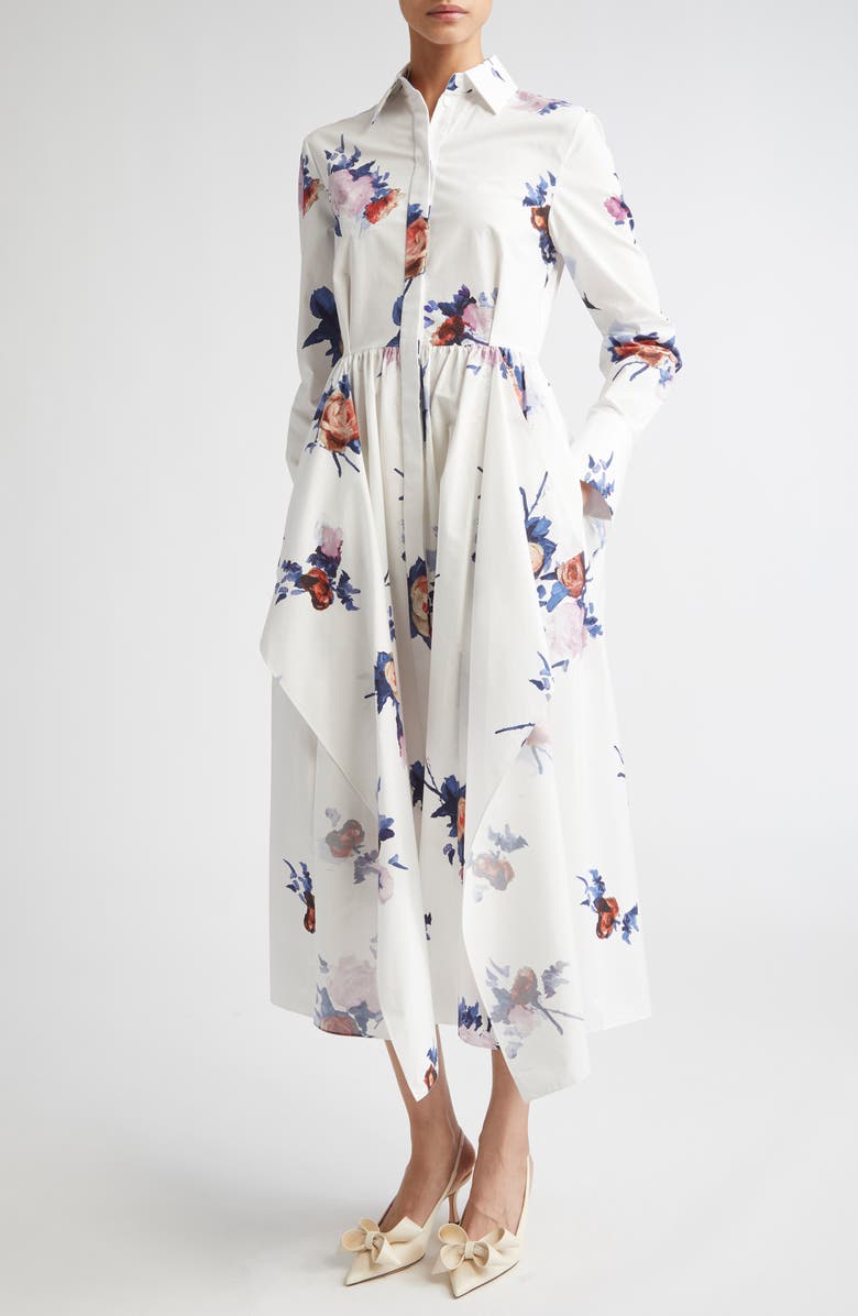 Erdem Long Sleeve Organic Cotton Poplin Shirtdress, Main, color, Painted Rose Bouquet White