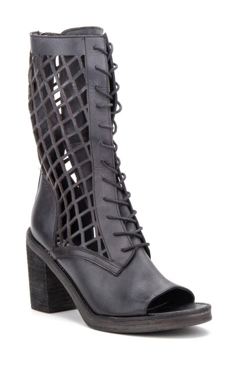 Normandy Leather Fishnet Cutout Block Heel Boot (Women)