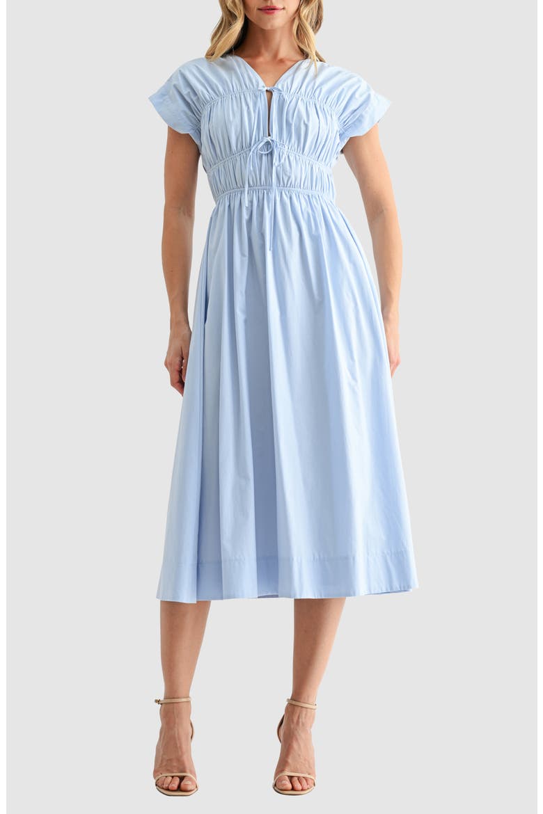 Ruched Tie Front Midi Dress, Main, color, LIGHT BLUE