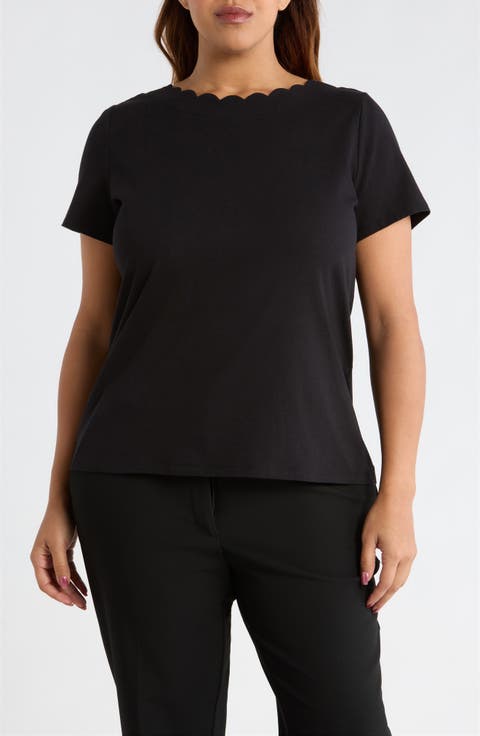 Scallop Jewel Neck Stretch Cotton T-Shirt