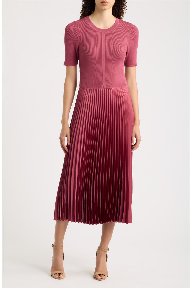 Fadridi Short Sleeve Pleated Midi Dress, Main, color, DRY ROSE