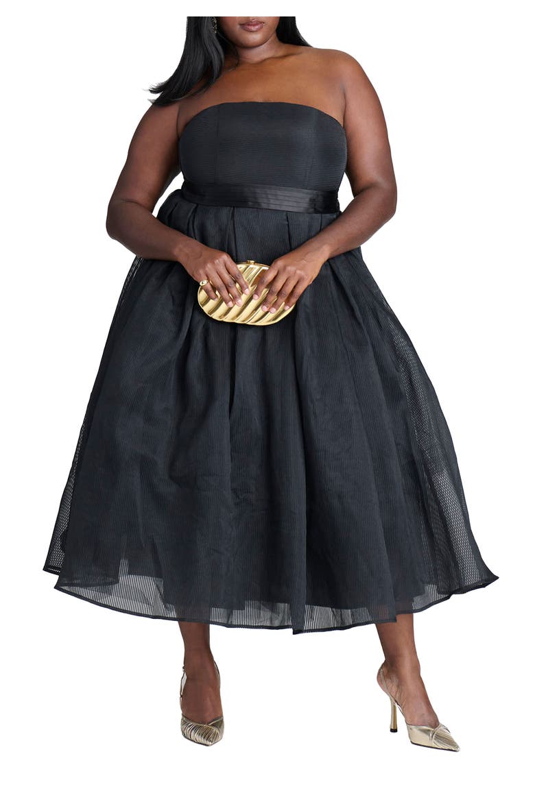 Strapless Organza Midi Dress, Main, color, BLACK ONYX