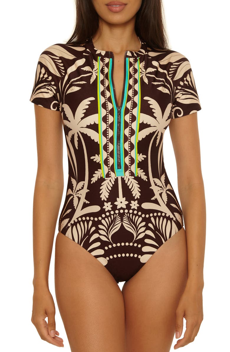 Trina Turk Syros Front Zip One-Piece Swimsuit, Alternate, color, Multi