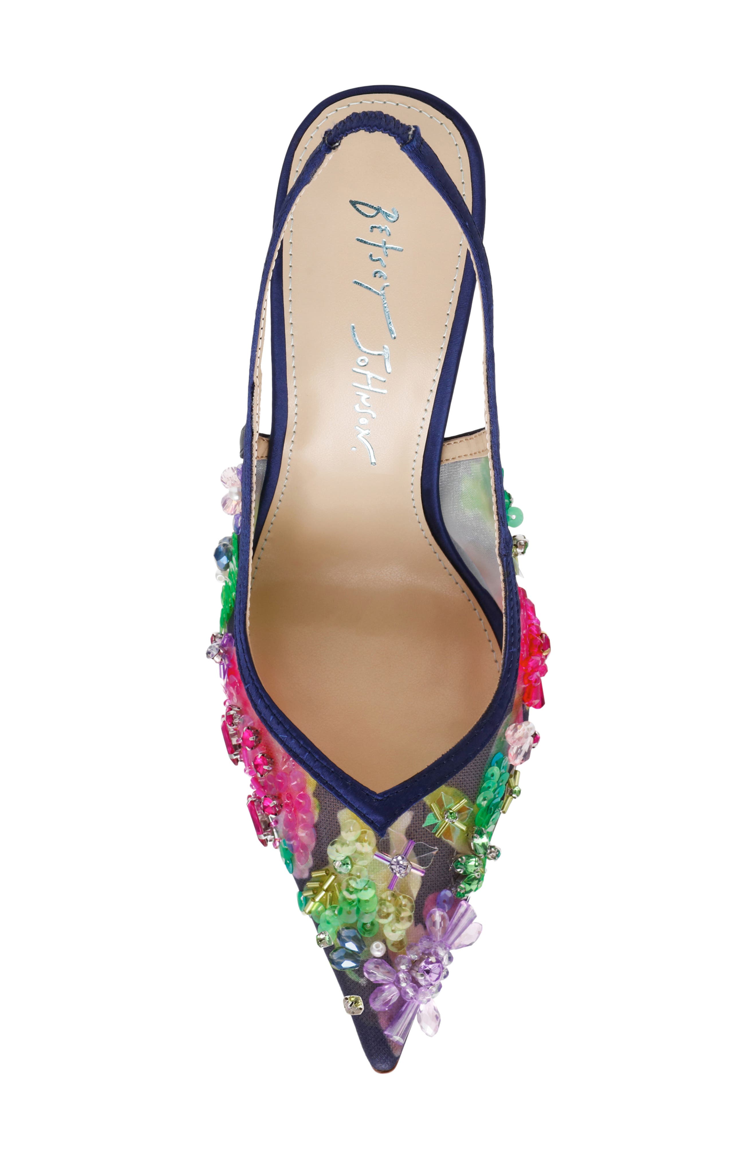 Betsey Johnson Eddie Pointed Toe Slingback Pump, Alternate, color, Navy Multi