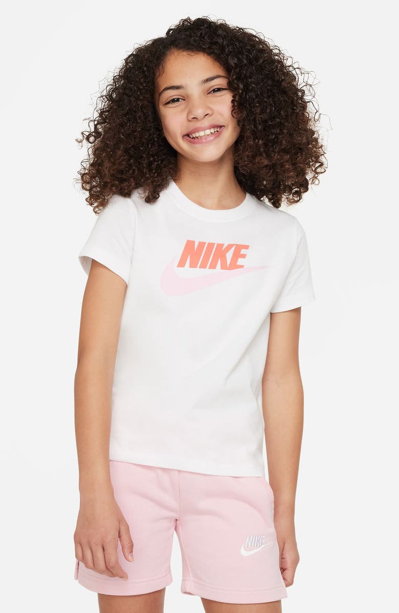 Nike Kids' Futura Graphic T-Shirt, Main, color, White/ Magic Ember/ Pink Foam