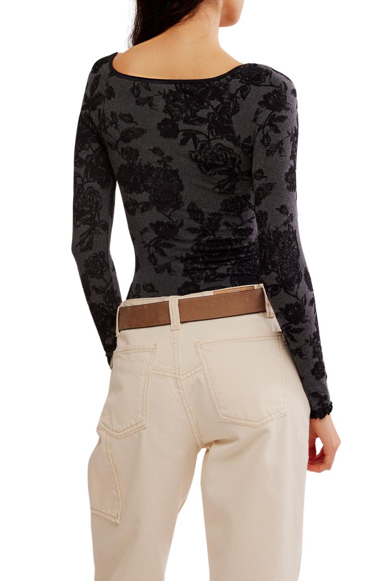 Send Love Floral Jacquard Long Sleeve Bodysuit, Alternate, color, BLACK