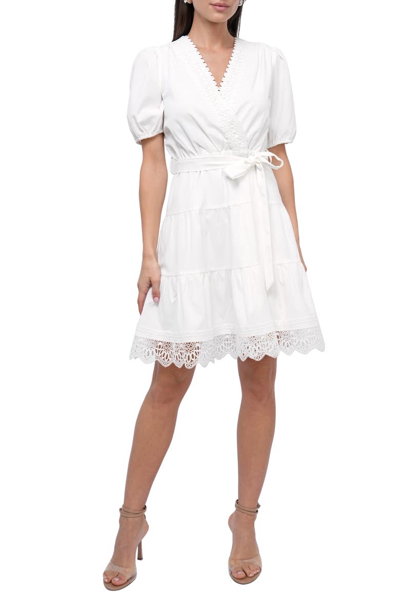 Adelyn Rae Connie Lace Trim Mini Wrap Dress, Main, color, White