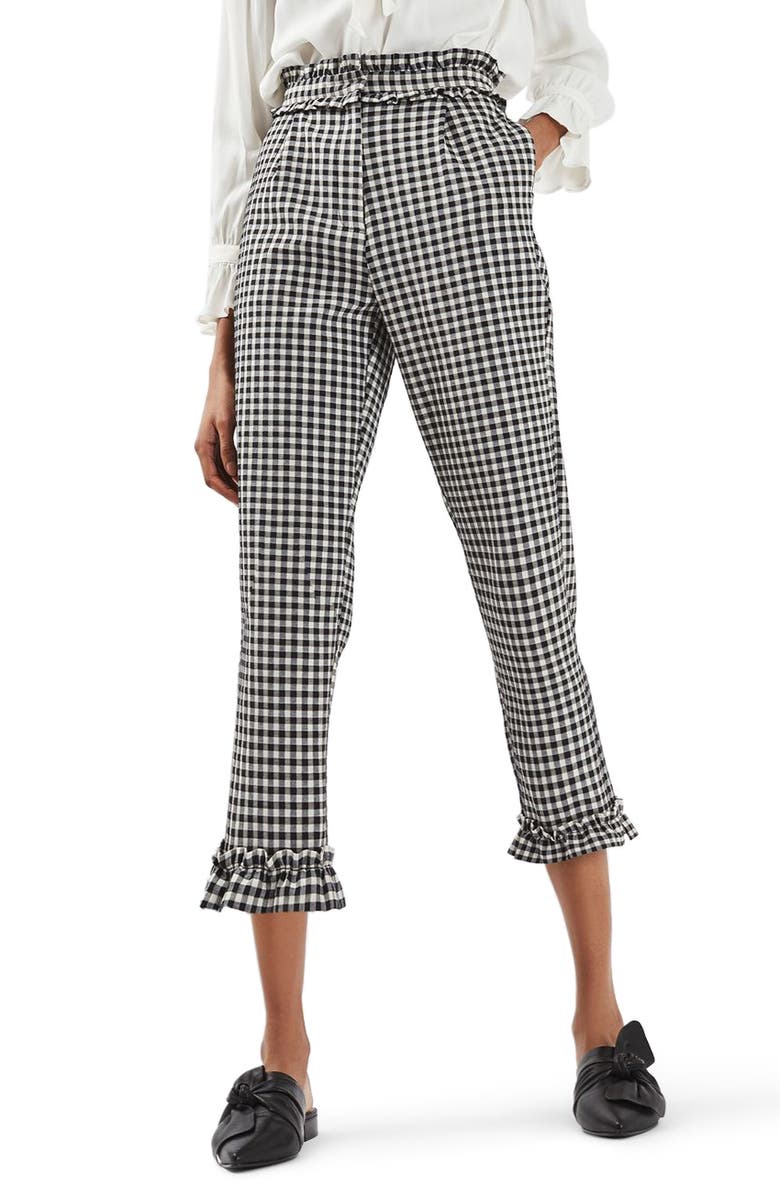 Topshop Gingham Ruffle Trousers, Main, color, 