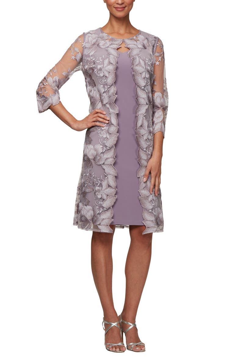 Embroidered Mock Jacket Cocktail Dress, Main, color, SMOKEY ORCHID