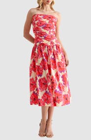 All in Favor Floral Strapless Cotton Midi Dress