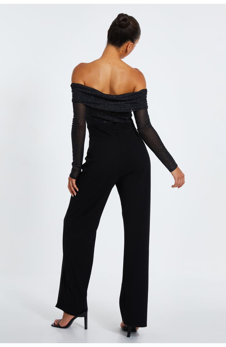 QUIZ Glitter Mesh Bardot Scuba Crepe Palazzo Jumpsuit, Alternate, color, Black