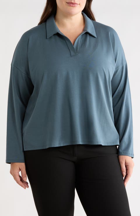 Boxy Henley Jersey Top (Plus)