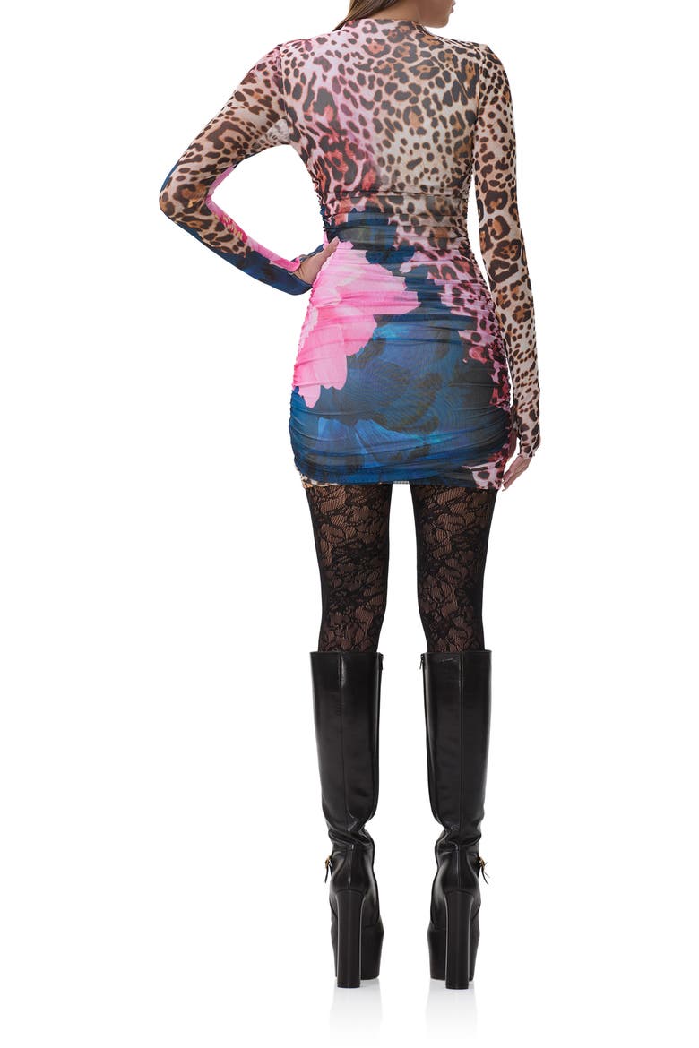 Darcie Print Long Sleeve Mesh Minidress, Alternate, color, ANIMAL BLOCK PEONY
