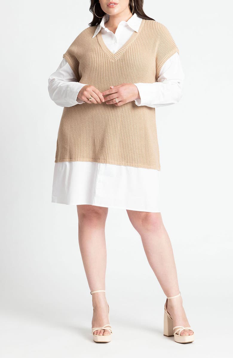 ELOQUII Long Sleeve Poplin Shirtdress & Short Sleeve Sweater Set, Main, color, 