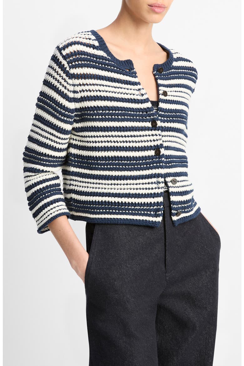 Textured Stripe Cotton Blend Cardigan, Alternate, color, NAVY/OFF WHITE