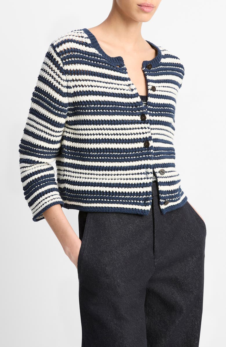 Vince Textured Stripe Cotton Blend Cardigan, Alternate, color, Navy/Off White