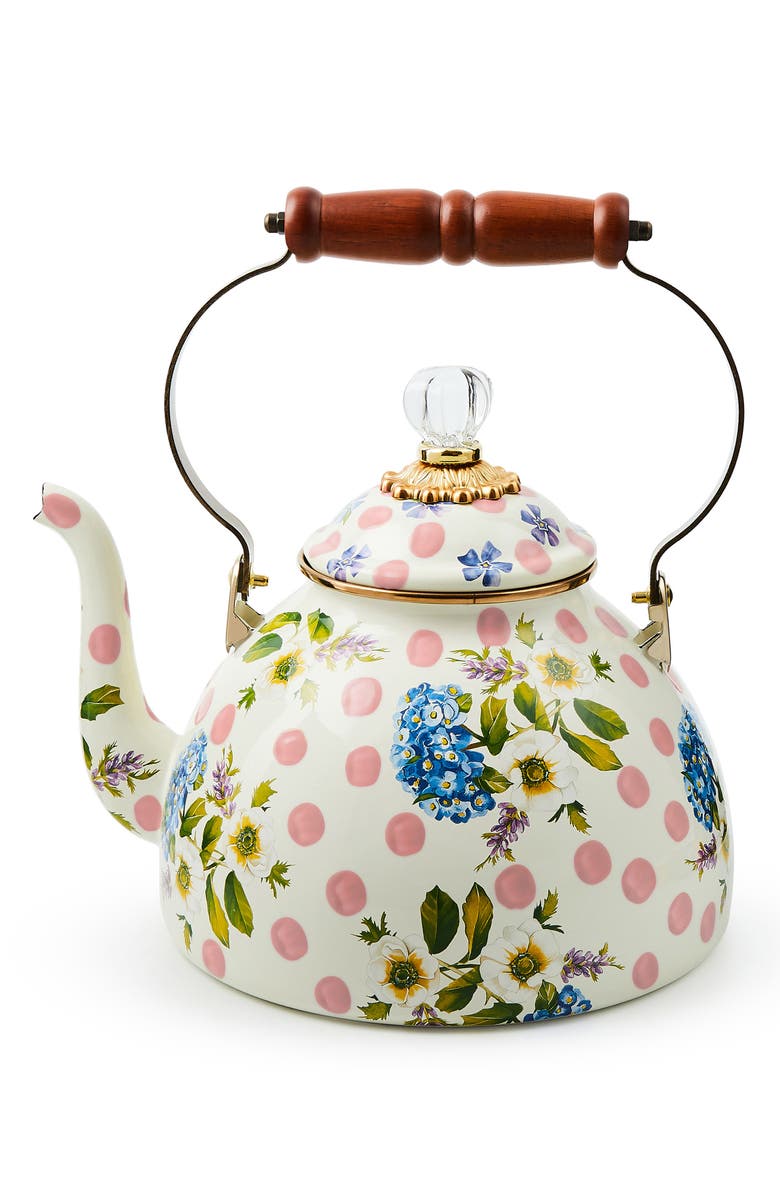 MACKENZIE CHILDS Wildflowers Enameled Steel 3-Quart Tea Kettle, Main, color, Pink