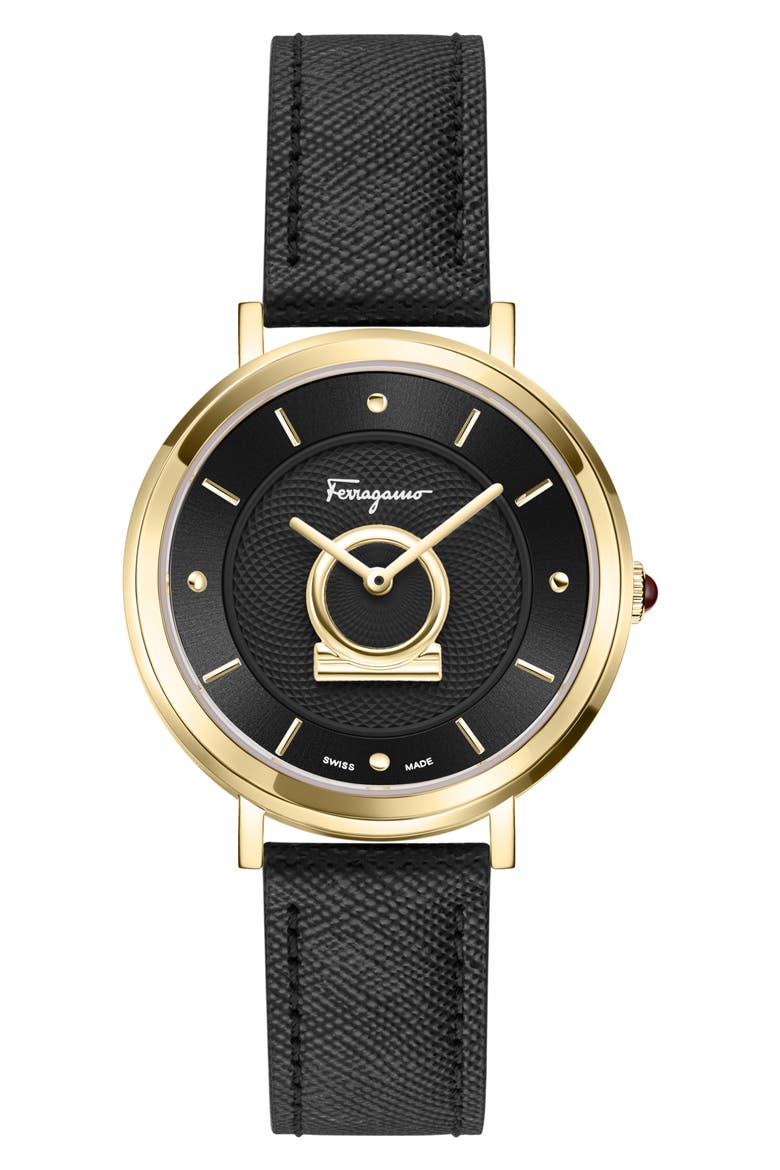 Minuetto Leather Strap Watch, 36mm, Main, color, IP YELLOW GOLD