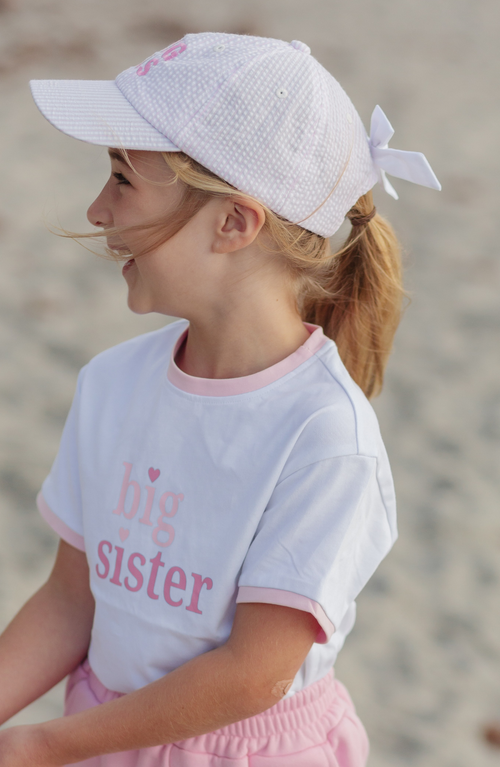 Bits & Bows Big Sis Seersucker Bow Baseball Hat In Pink