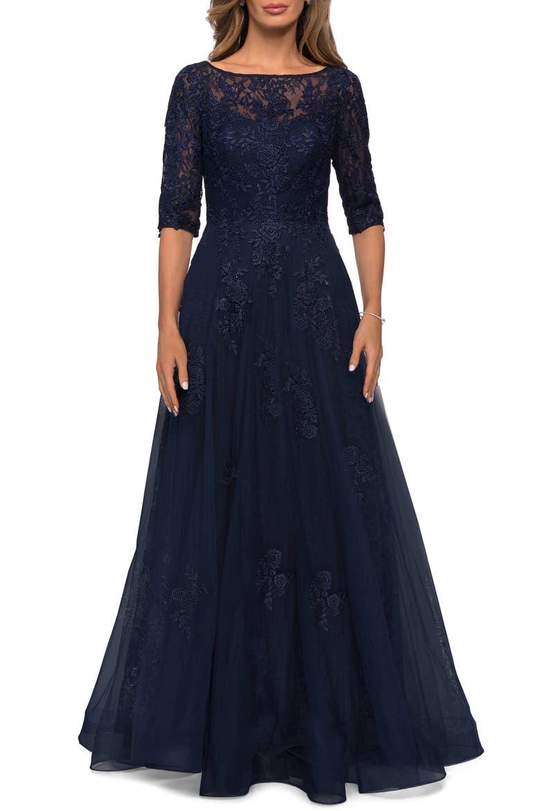Lace and Tulle A-line Gown with Three Quarter Sleeves, Main, color, NAVY