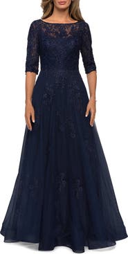 La Femme Lace and Tulle A-line Gown with Three Quarter Sleeves