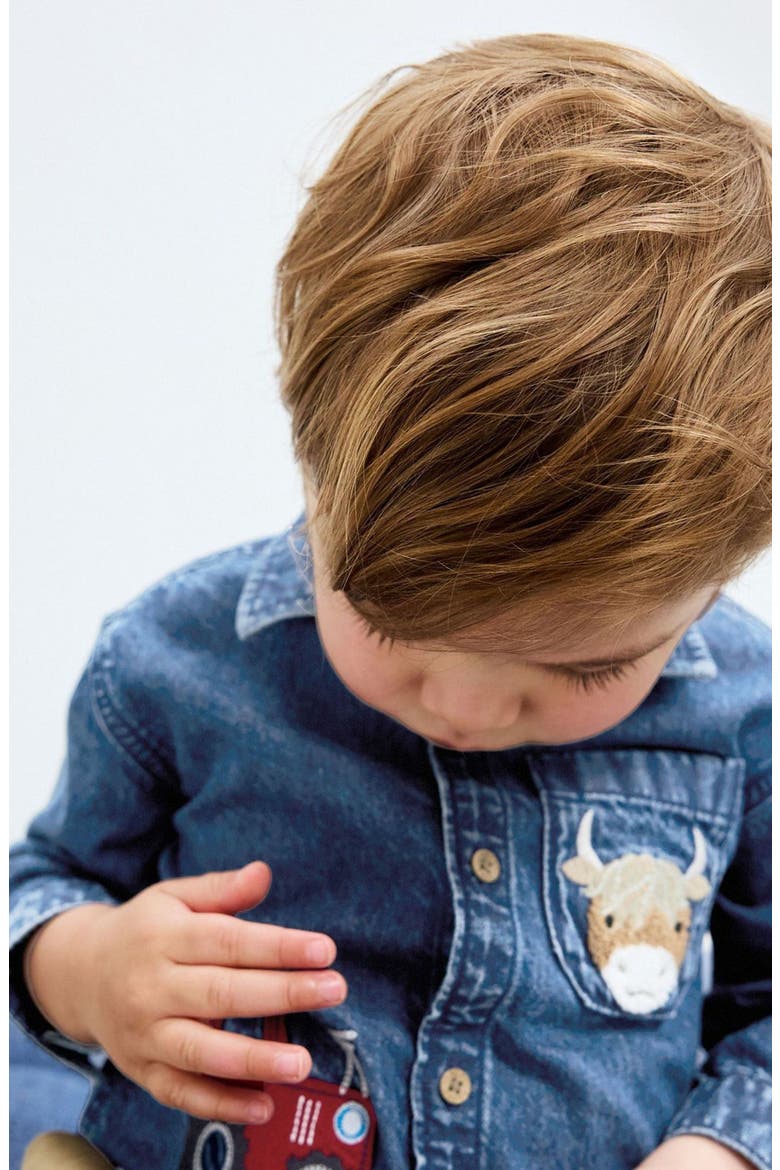 Kids' Farm Appliqué Denim Button-Up Shirt, Alternate, color, BLUE