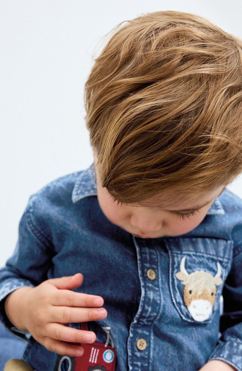 NEXT Kids' Farm Appliqué Denim Button-Up Shirt, Alternate, color, Blue