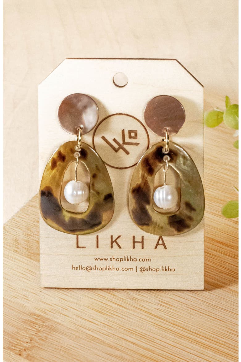 Mother-of-Pearl Hollow Earrings with Inner Pearl, Alternate, color, Brown