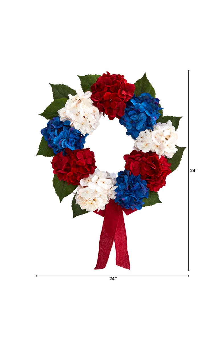 NEARLY NATURAL 24-in Red, White and Blue Americana Hydrangea Artificial Wreath, Alternate, color, Red/White/Blue