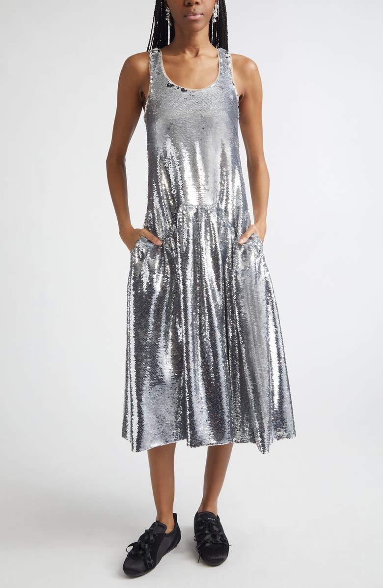 Simone Rocha Tapered Back Flounce Sequin Dress, Main, color, Silver